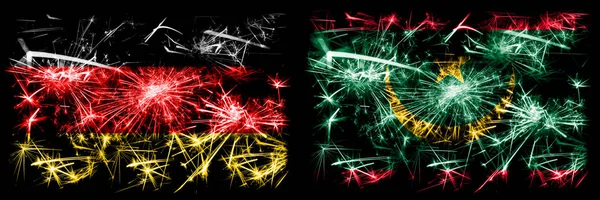 Niemcy, niemiecki vs Mauretania, mauretański Nowy Rok podróży musujące fajerwerki flagi tle koncepcji. Połączenie dwóch flag stanów abstrakcyjnych. — Zdjęcie stockowe