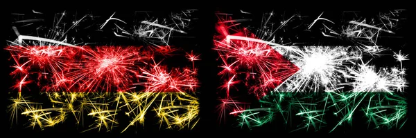Germany, german vs palestine, palestinisches Neujahrsfest reisen funkelnde Feuerwerksfahnen Konzept Hintergrund. Kombination aus zwei abstrakten Staaten Flaggen. — Stockfoto