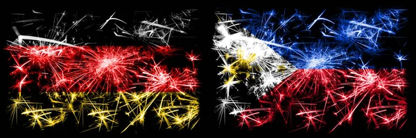 Duitsland, Duits vs Filippijnen, Filippijnse nieuwjaarsviering reizen sprankelend vuurwerk vlaggen concept achtergrond. Combinatie van twee abstracte vlaggen. — Stockfoto