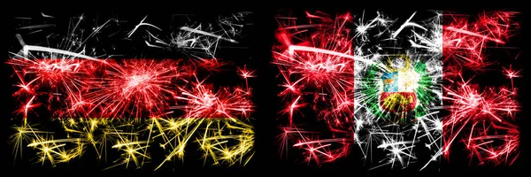 Německo, německy vs Peru, Peruan Silvestr oslavy cestování jiskřící zábavní pyrotechnika vlajky koncept pozadí. Kombinace dvou abstraktních stavových příznaků. — Stock fotografie