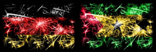 Niemcy, niemiecki vs Sao Tome i Principe Nowy Rok obchody podróży musujące fajerwerki flagi tle koncepcji. Połączenie dwóch flag stanów abstrakcyjnych. — Zdjęcie stockowe