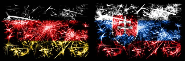 Alemanha, Alemanha vs Eslováquia, celebração do Ano Novo eslovaco viagem fogos de artifício cintilantes fundo conceito bandeiras. Combinação de duas bandeiras de estados abstratos . — Fotografia de Stock