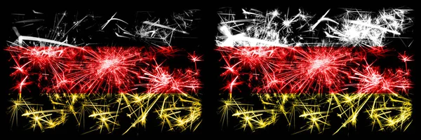 Germany, German vs South Ossetia New Year celebration travel sparkling fireworks flags concept background. Combination of two abstract states flags. — Stock Photo, Image