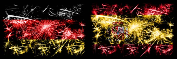 Niemcy, Niemiecki vs Hiszpania, Hiszpański Nowy Rok podróży musujące fajerwerki flagi tle koncepcji. Połączenie dwóch flag stanów abstrakcyjnych. — Zdjęcie stockowe