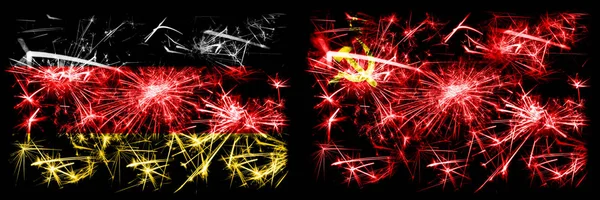 Alemania, Alemania vs URSS, celebración del Año Nuevo Comunista viajan brillantes banderas de fuegos artificiales concepto de fondo. Combinación de dos banderas de estados abstractos . —  Fotos de Stock