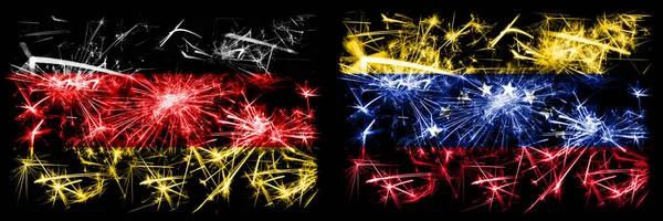 Германия, Германия против Венесуэлы, Венесуэла Новый год путешествия сверкающие фейерверки флаги концептуальный фон. Сочетание двух абстрактных флагов состояний . — стоковое фото