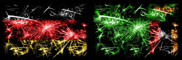 Alemanha, Alemão vs Zâmbia, Zâmbia celebração do Ano Novo viagem fogos de artifício cintilantes fundo conceito bandeiras. Combinação de duas bandeiras de estados abstratos . — Fotografia de Stock