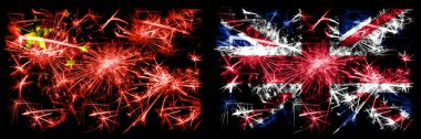 Çin, Çin, İngiltere 'ye karşı, İngiliz Yeni Yıl kutlamaları, parlak havai fişek bayrakları konsepti. İki soyut durum bayraklarının birleşimi. 