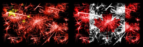 China, Chinese vs Canada, Canadian New Year celebration travel sparkling fireworks flags concept background. Combination of two abstract states flags.