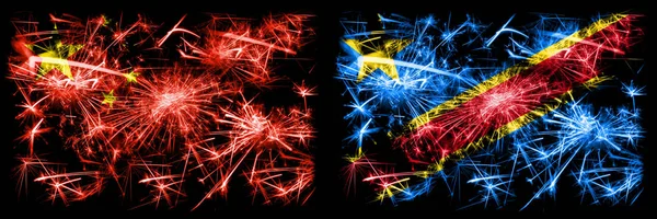 China, Chinese vs Democratische Republiek Congo Nieuwjaar viering reizen sprankelend vuurwerk vlaggen concept achtergrond. Combinatie van twee abstracte vlaggen. — Stockfoto