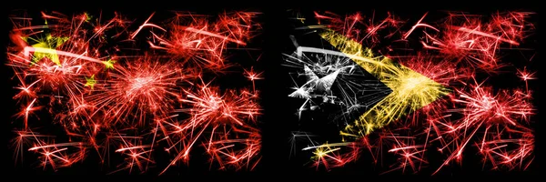 Čína, Číňané vs Východní Timor Nový rok oslavy cestování jiskřící ohňostroje vlajky koncept pozadí. Kombinace dvou abstraktních stavových příznaků. — Stock fotografie