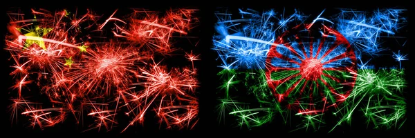 China, China vs Zigeuner, römische Neujahrsfeier Reise funkelnden Feuerwerk Flaggen Konzept Hintergrund. Kombination aus zwei abstrakten Staaten Flaggen. — Stockfoto