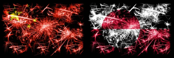Čína, Číňané vs Grónsko Nový rok oslavy cestování jiskřivé ohňostroje vlajky koncept pozadí. Kombinace dvou abstraktních stavových příznaků. — Stock fotografie