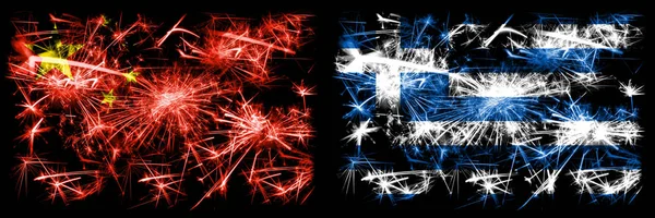 China, Chinese vs Greece, Greek New Year celebration travel sparkling fireworks flags concept background. Combination of two abstract states flags.