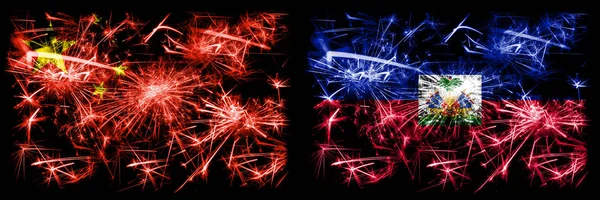 China, China vs Haití, celebración del Año Nuevo Haitiano viajan chispeantes banderas de fuegos artificiales concepto de fondo. Combinación de dos banderas de estados abstractos . —  Fotos de Stock