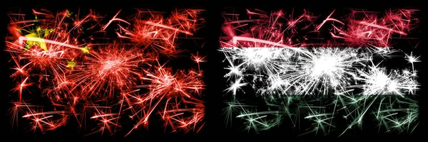 China, Chinese vs Hungary, Hungarian New Year celebration travel sparkling fireworks flags concept background. Combination of two abstract states flags. — Stock Photo, Image