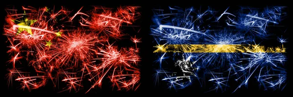 China, China vs nauru Neujahrsfeier Reise funkelnden Feuerwerk Flaggen Konzept Hintergrund. Kombination aus zwei abstrakten Staaten Flaggen. — Stockfoto