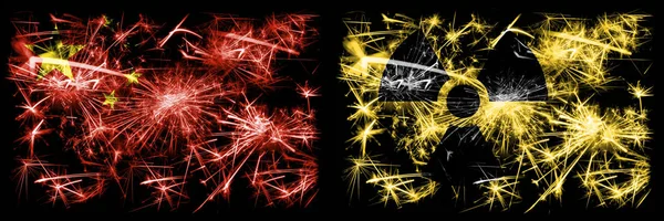 China, Chinese vs Nuclear, radioactive, radiation, hazard New Year celebration travel sparkling fireworks flags concept background. Combination of two abstract states flags.