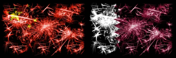 China, Chinese vs Qatar, Qatari New Year celebration travel sparkling fireworks flags concept background. Combination of two abstract states flags.
