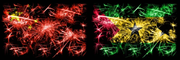 China, chinês vs São Tomé e Príncipe celebração do Ano Novo viajar fogos de artifício cintilantes bandeiras fundo conceito. Combinação de duas bandeiras de estados abstratos . — Fotografia de Stock