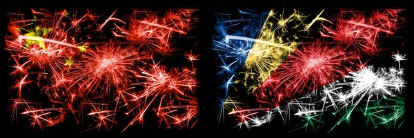 China, Chinese vs Seychelles, Seychelloise New Year celebration travel sparkling fireworks flags concept background. Combination of two abstract states flags. — Stock Photo, Image