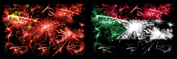 China, Chinese vs Sudan, Sudanese New Year celebration travel sparkling fireworks flags concept background. Combination of two abstract states flags. — Stock Photo, Image