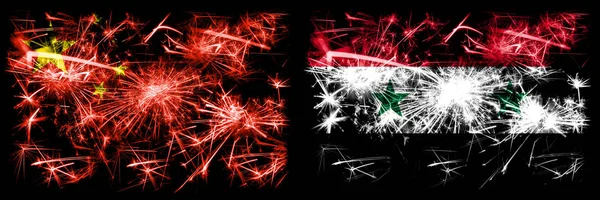 China, China vs Syrien, syrisches Neujahrsfest Reise funkelnden Feuerwerk Flaggen Konzept Hintergrund. Kombination aus zwei abstrakten Staaten Flaggen. — Stockfoto