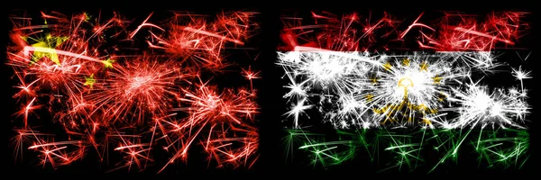 Chiny, Chińczycy vs Tadżykistan, Tadżykistan Nowy Rok obchody podróży musujące fajerwerki flagi tle koncepcji. Połączenie dwóch flag stanów abstrakcyjnych. — Zdjęcie stockowe