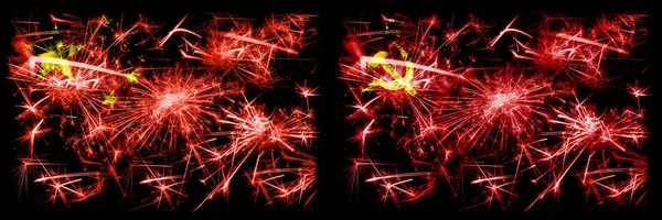 China, Chinese vs USSR, Communist New Year celebration travel sparkling fireworks flags concept background. Combination of two abstract states flags.