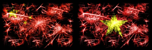 Čína, Číňané vs Vietnam, Vietnamci Nový rok oslavy cestování jiskřící ohňostroje vlajky koncept pozadí. Kombinace dvou abstraktních stavových příznaků. — Stock fotografie