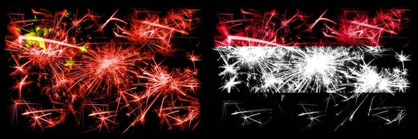 China, chinês vs Iêmen, celebração do Ano Novo iemenita viagem fogos de artifício cintilantes fundo conceito bandeiras. Combinação de duas bandeiras de estados abstratos . — Fotografia de Stock