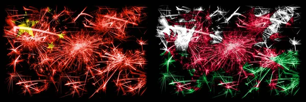 China, Chinese vs Wales, Welsh New Year celebration travel sparkling fireworks flags concept background. Combination of two abstract states flags.