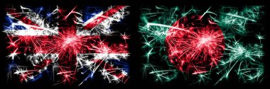 Büyük Britanya, İngiltere Bangladeş 'e karşı, Bangladeş Yeni Yıl kutlamaları havai fişek gösterileri, parlak bayraklar konsepti. İki soyut durum bayraklarının birleşimi. 