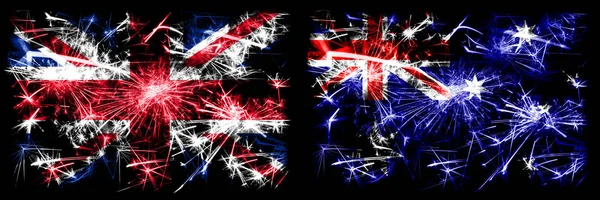 Great Britain, United Kingdom vs Australia, Australian New Year celebration travel sparkling fireworks flags concept background. Combination of two abstract states flags. — Stock Photo, Image