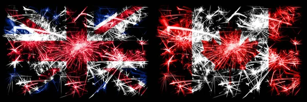 Велика Британія, Велика Британія проти Канади, канадські новорічні екскурсії блищать феєрверки. Комбінація двох абстрактних держав прапори. — стокове фото