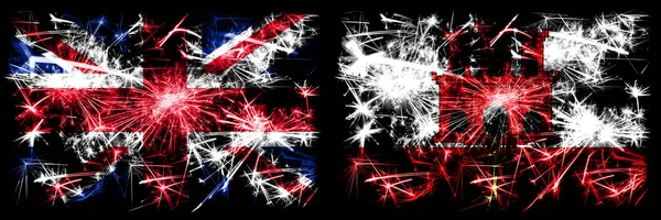 Μεγάλη Βρετανία, Ηνωμένο Βασίλειο εναντίον Γιβραλτάρ Πρωτοχρονιά γιορτή ταξίδια αφρώδη πυροτεχνήματα σημαίες έννοια φόντο. Συνδυασμός δύο αφηρημένων κρατών σημαιών. — Φωτογραφία Αρχείου