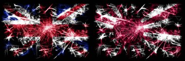 Büyük Britanya, Birleşik Krallık Japonya 'ya karşı, Japon, güneş yeni yıl kutlamaları havai fişek bayrakları konsepti. İki soyut durum bayraklarının birleşimi. 