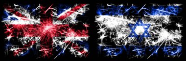 Büyük Britanya, İngiltere İsrail 'e karşı, İsrail Yeni Yıl kutlamaları, parlak havai fişek bayrakları konsepti. İki soyut durum bayraklarının birleşimi. 