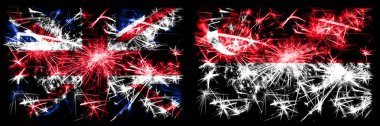 Büyük Britanya, Birleşik Krallık Singapur 'a karşı, Singapur Yeni Yıl kutlamaları havai fişek gösterisi bayrakları konsepti. İki soyut durum bayraklarının birleşimi. 