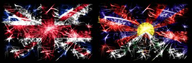 Büyük Britanya, Birleşik Krallık Tibet 'e karşı, Tibet Yeni Yıl kutlamaları, parlak havai fişek bayrakları konsepti. İki soyut durum bayraklarının birleşimi. 