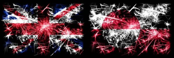 Grã-Bretanha, Reino Unido vs Gronelândia celebração Ano Novo viagem fogos de artifício cintilantes bandeiras fundo conceito. Combinação de duas bandeiras de estados abstratos . — Fotografia de Stock