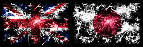 Great Britain, United Kingdom vs Japan, Japanese New Year celebration travel sparkling fireworks flags concept background. Combination of two abstract states flags. — Stock Photo, Image