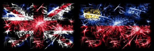 Great Britain, United Kingdom vs Liechtenstein, Liechtensteins New Year celebration travel sparkling fireworks flags concept background. Συνδυασμός δύο αφηρημένων κρατών σημαιών. — Φωτογραφία Αρχείου