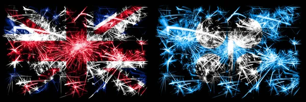 英国，英国对欧佩克新年庆祝旅游闪耀着烟花的概念背景。 两种抽象状态标志的组合. — 图库照片