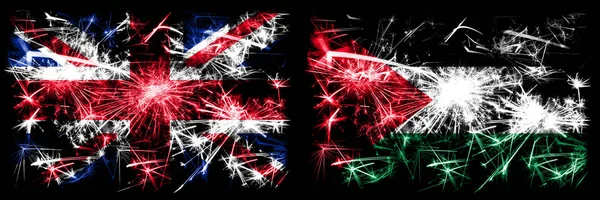 Great Britain, United Kingdom vs Palestine, Palestinian New Year celebration travel sparkling fireworks flags concept background. Combination of two abstract states flags. — Stock Photo, Image