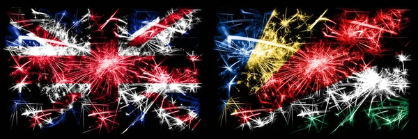 英国，英国对塞舌尔，庆祝新年旅游闪烁着烟花的概念背景。 两种抽象状态标志的组合. — 图库照片