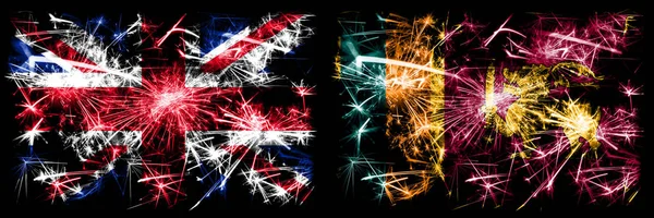 Storbritannien, Storbritannien vs Sri Lanka, Sri Lankas nyårsfirande resa gnistrande fyrverkerier flaggor koncept bakgrund. Kombination av två abstrakta staters flaggor. — Stockfoto