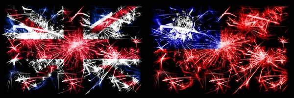 Great Britain, United Kingdom vs Taiwan, Taiwanese New Year celebration travel sparkling fireworks flags concept background. Combination of two abstract states flags. — Stock Photo, Image