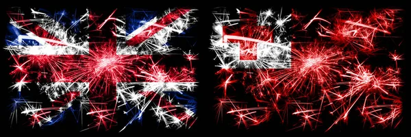 Great Britain, United Kingdom vs Tonga, Tongan New Year celebration travel sparkling fireworks flags concept background. Combination of two abstract states flags. — Stock Photo, Image