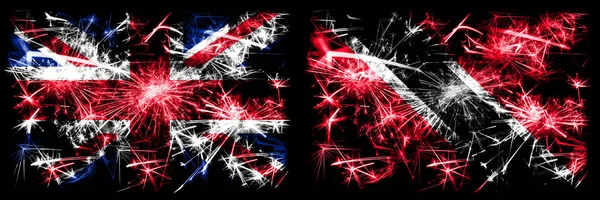 Groot-Brittannië, Verenigd Koninkrijk vs Trinidad en Tobago Nieuwjaar viering reizen sprankelend vuurwerk vlaggen concept achtergrond. Combinatie van twee abstracte vlaggen. — Stockfoto